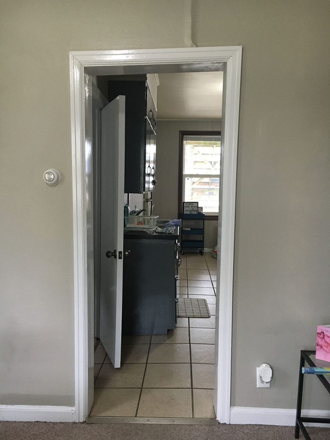 It’s especially apparent above the doorway into the kitchen. There’s a large crack above the doorway and it’s leaning to the left a bit.