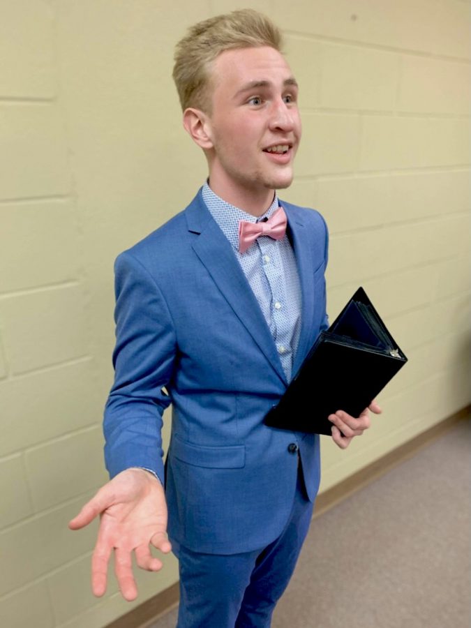Brock Erdman, vice president of the forensics team, delivers a prose interpretation during one of this week’s tournaments. Erdman is a second-year psychology student.