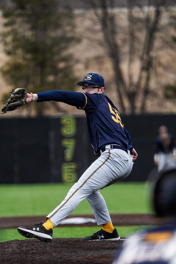 Matt Moore pitching last weekend facing the UW-Stout Blue Devils 