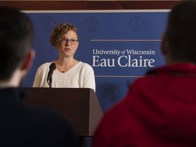 Julia Johnson speaks on behalf of Pablo Properties at the April 6 press conference. (photo courtesy of Bill Hoepner)
