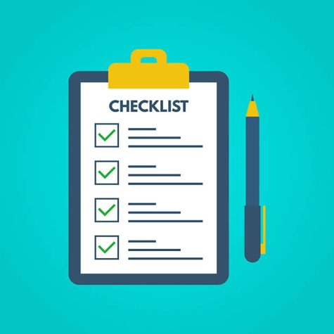 Checklist with tick marks in a flat style. Questionnaire on a clipboard paper. Successful completion of business tasks. Checklist, tasks, to-do list, survey, exam concepts. Vector illustration.