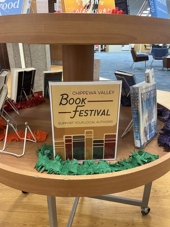 A+display+advertising+the+Chippewa+valley+book+festival+in+the+McIntyre+Library+