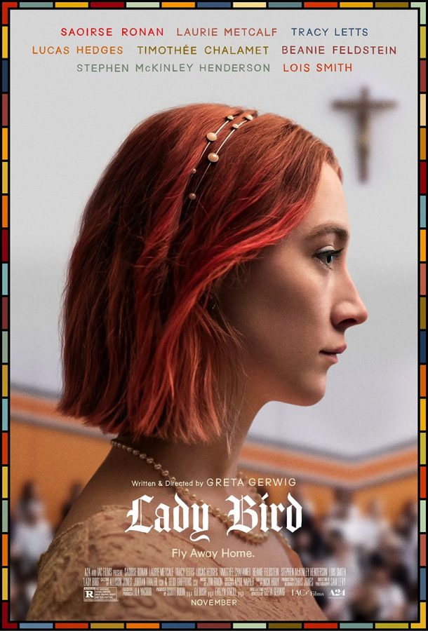  a movie poster displaying the beautifully flawed lead, Lady Bird 