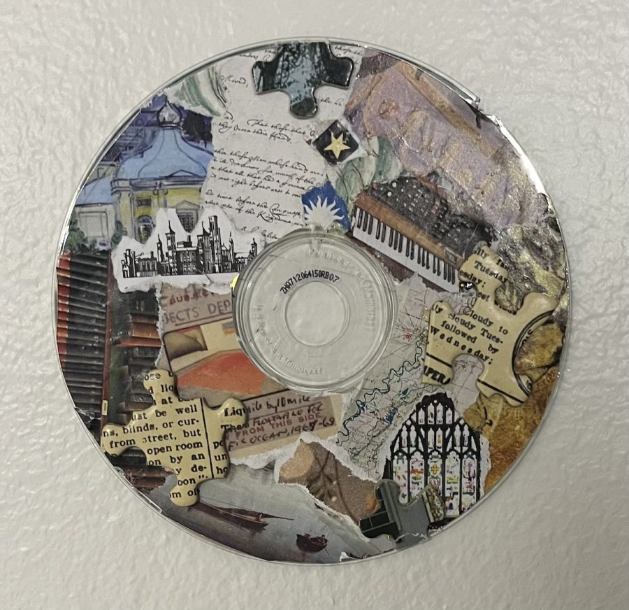 A CD collage made in the Blugold Makerspace
