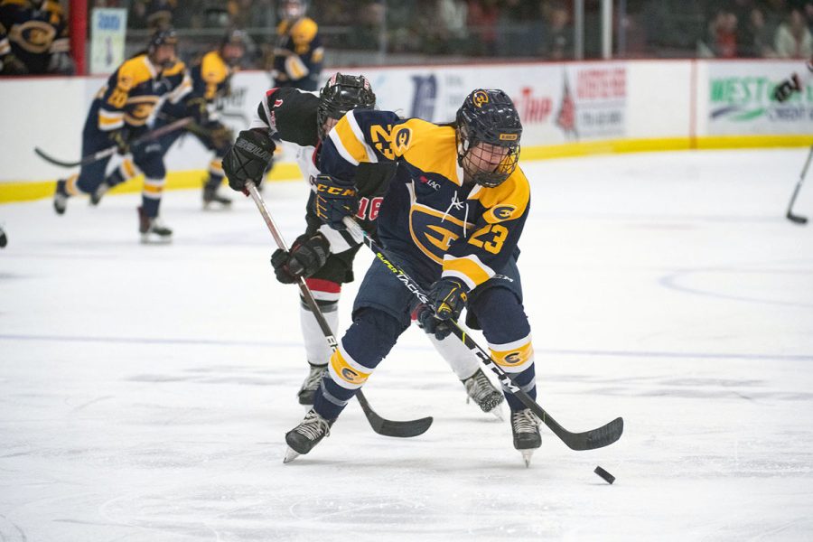 Blugolds gain control of the puck on the ice at Hunt Arena