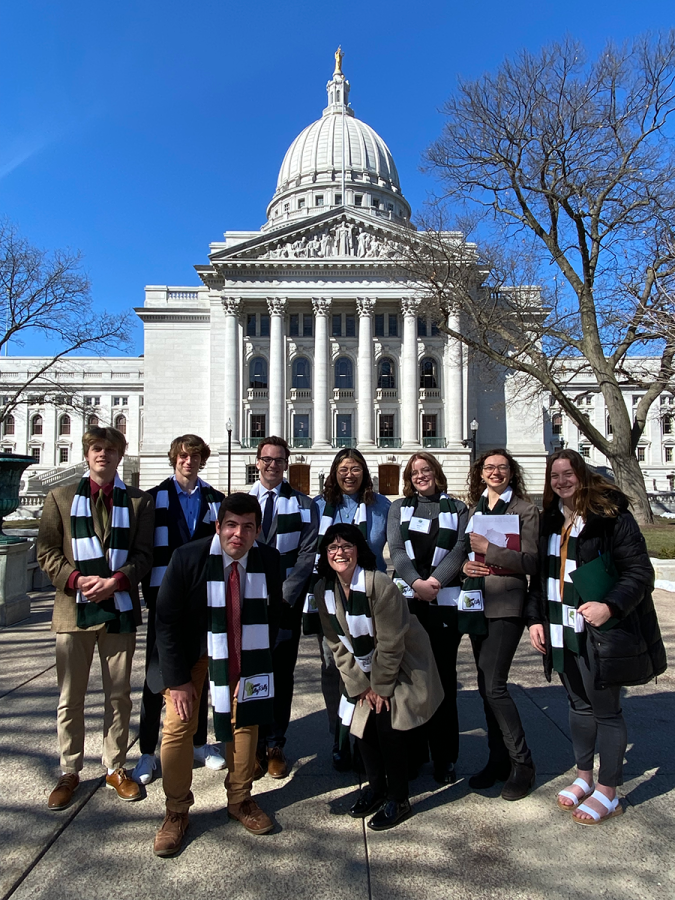 Members from the Student Senate in front of the Wisconsin State Capitol at the Chippewa Valley Rally.