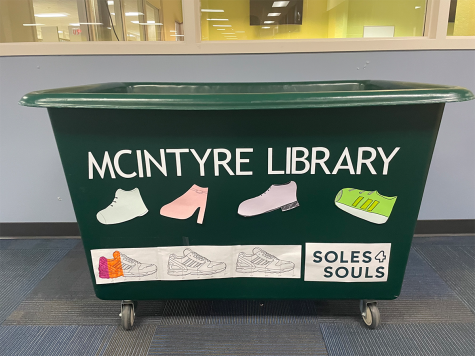 The shoe collection bin is currently available on the first floor of McIntyre Library.