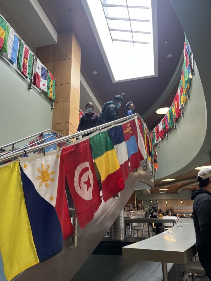Flags from around the world adorn the main staircase in Davies.