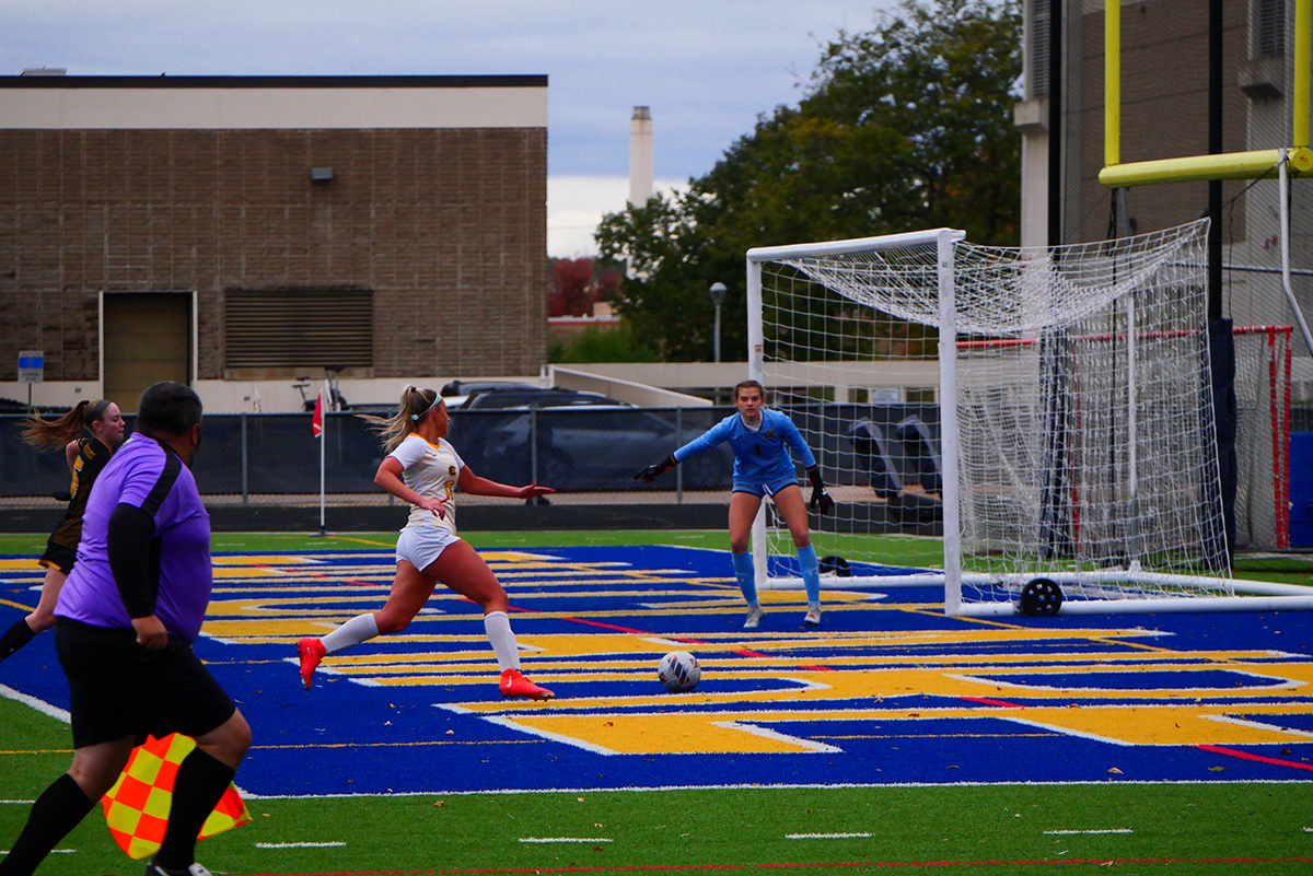 First-year forward Taylor Czarapata works the ball up the field.
