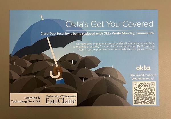 Signage around campus urging UW-Eau Claire students and employees to set up their Okta Verify accounts.