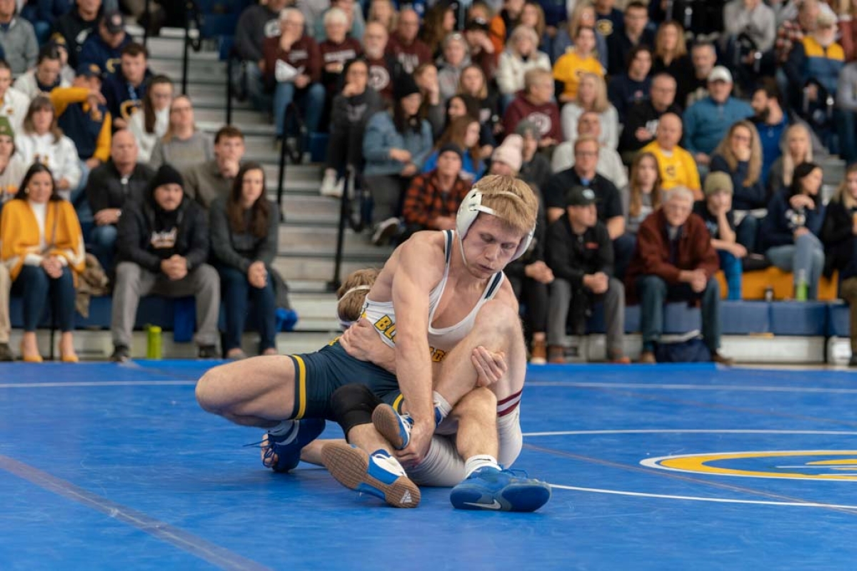 “I think I’m not exaggerating when I say this is probably one of the most promising groups we’ve had in a decade,” third-year wrestler Zach Sato said. (Photo by Shane Opatz, UWEC)
