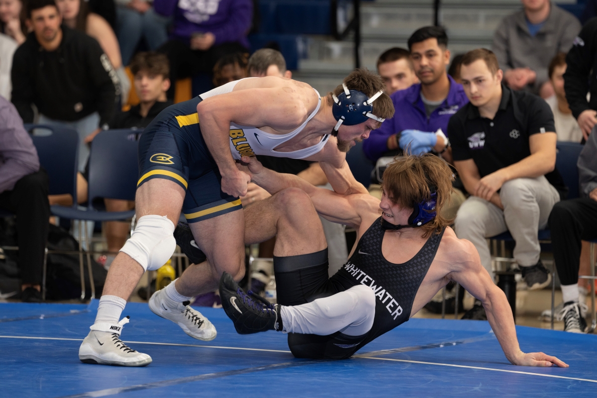 Wrestler Tristan Massie against Brayden Peet from UW-Whitewater. (Photo by Shane Opatz, used with permission from Blugold Athletics)

