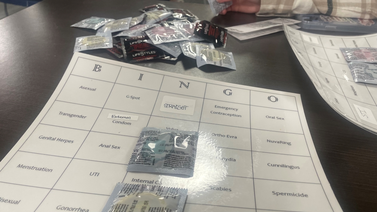 Condom Bingo bingo card with condoms as bingo chips.