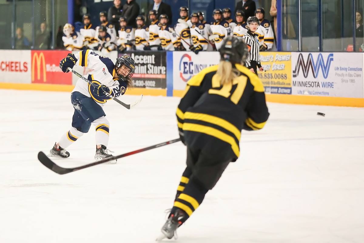 Fourth-year Eden Gruber slices the puck towards goal.
Photo used with permission from Chico La Barbera.