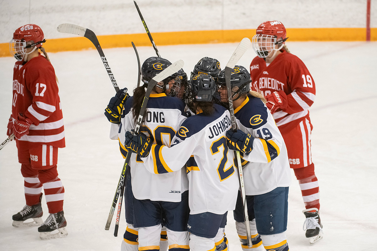 Blugolds celebrating a goal in earlier game this season against St. Benedict.
Photo used with permission from Shane Opatz.
