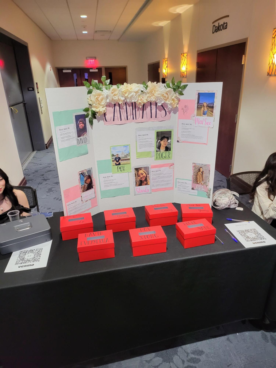 The candidate board and ballot boxes for the Hmong Student Association Valentines Day dance.