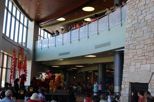Minnesota-based Hong De Wu Guan Inc. performs a lion dance, a traditional Chinese dance for good luck and fortune, on the main stage in Davies Student Center.