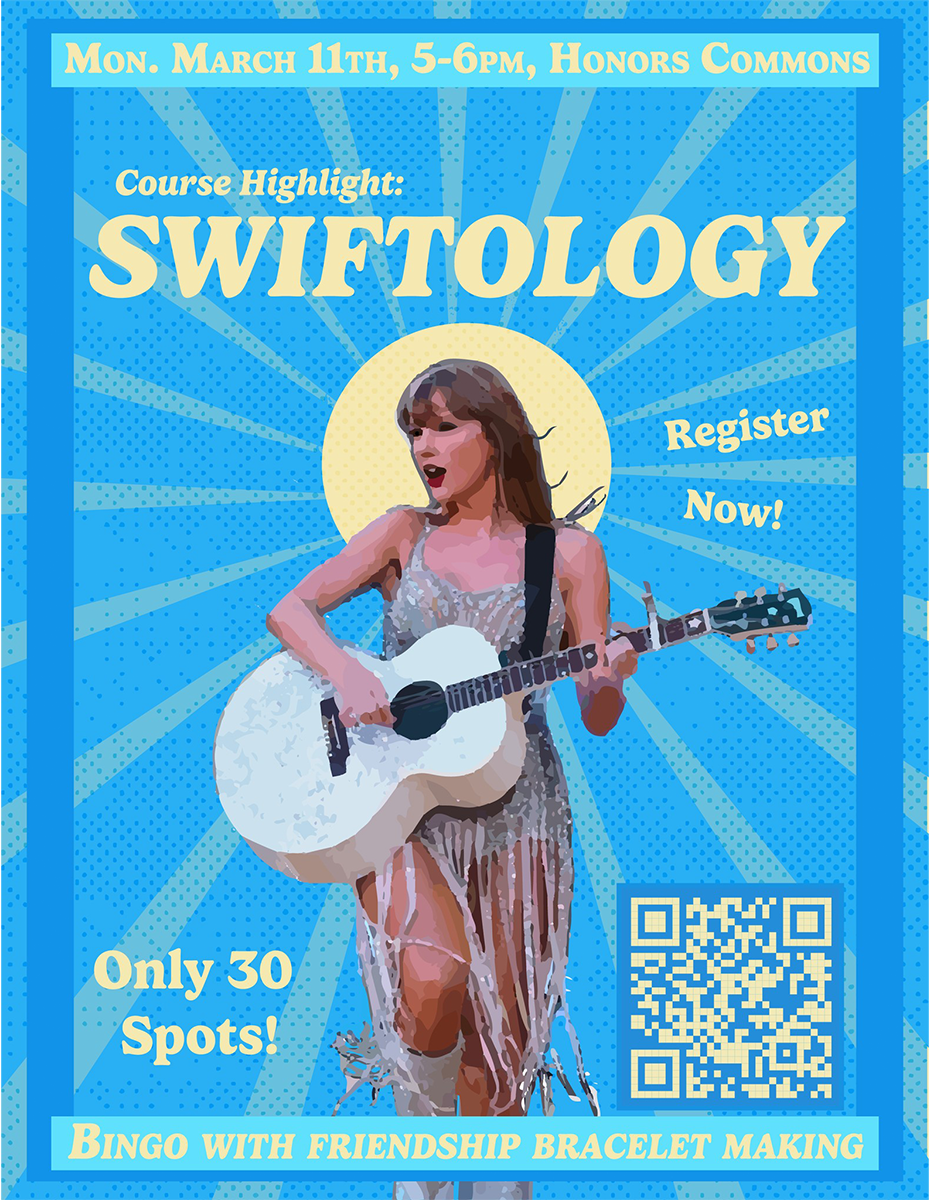 The poster advertising the Swiftology course preview event from March 11, 2024. During this event, interested students could talk to Jacob Stansberry, who will teach Swiftology as his first classroom course, about the course alongside other provided activities. (Image used with permission from Heather Fielding)
