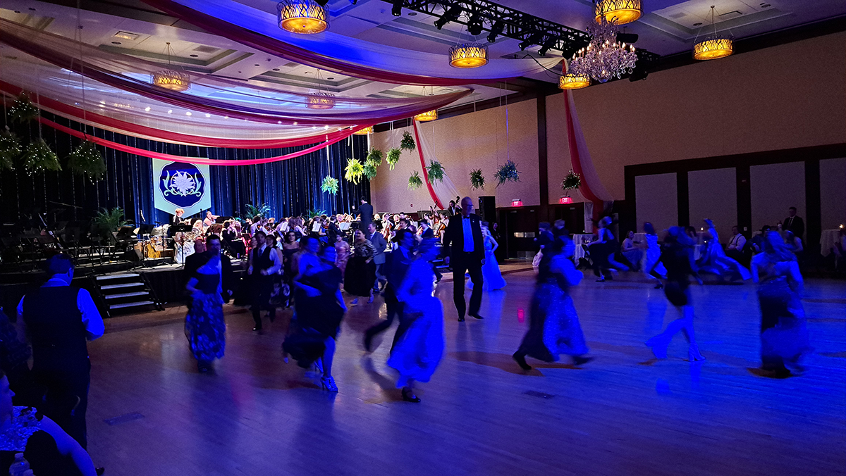 Attendees from the 48th Viennese Ball dance to the “Thunder and Lightning Polka” composed by Johann Strauss II.