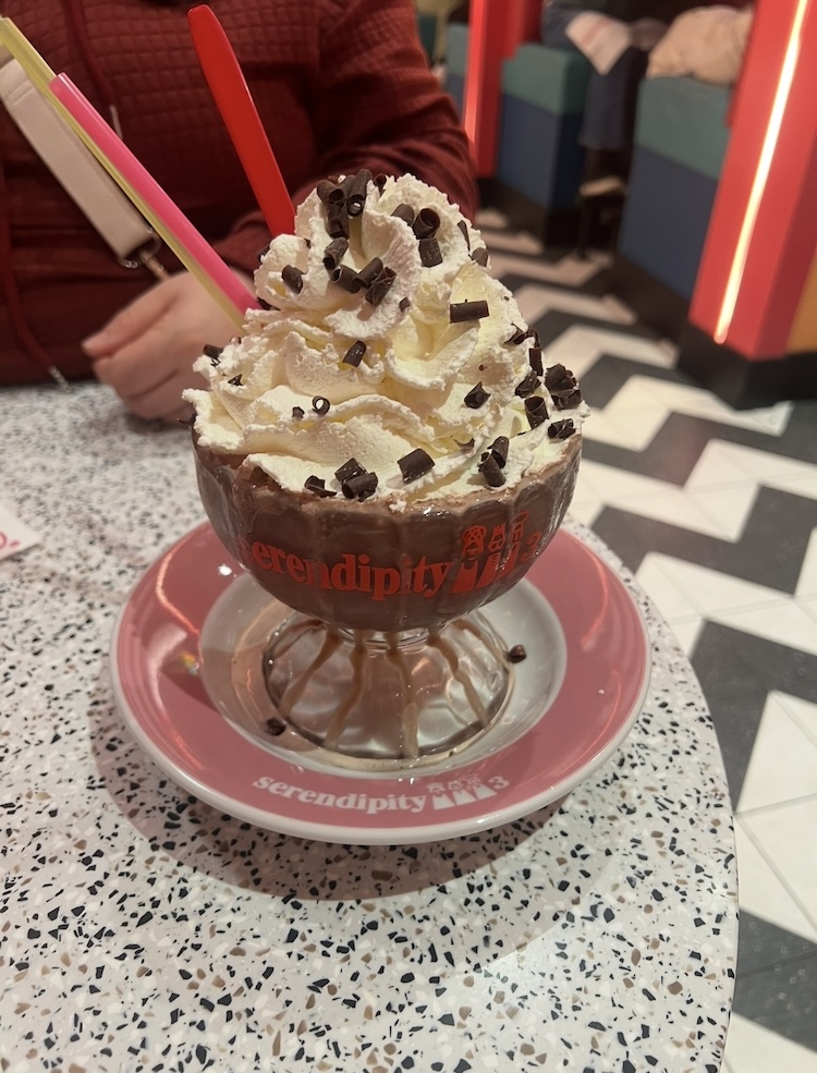  Frozen hot chocolate is topped with whipped cream and chocolate shavings at the Serendipity Cafe in New York City.