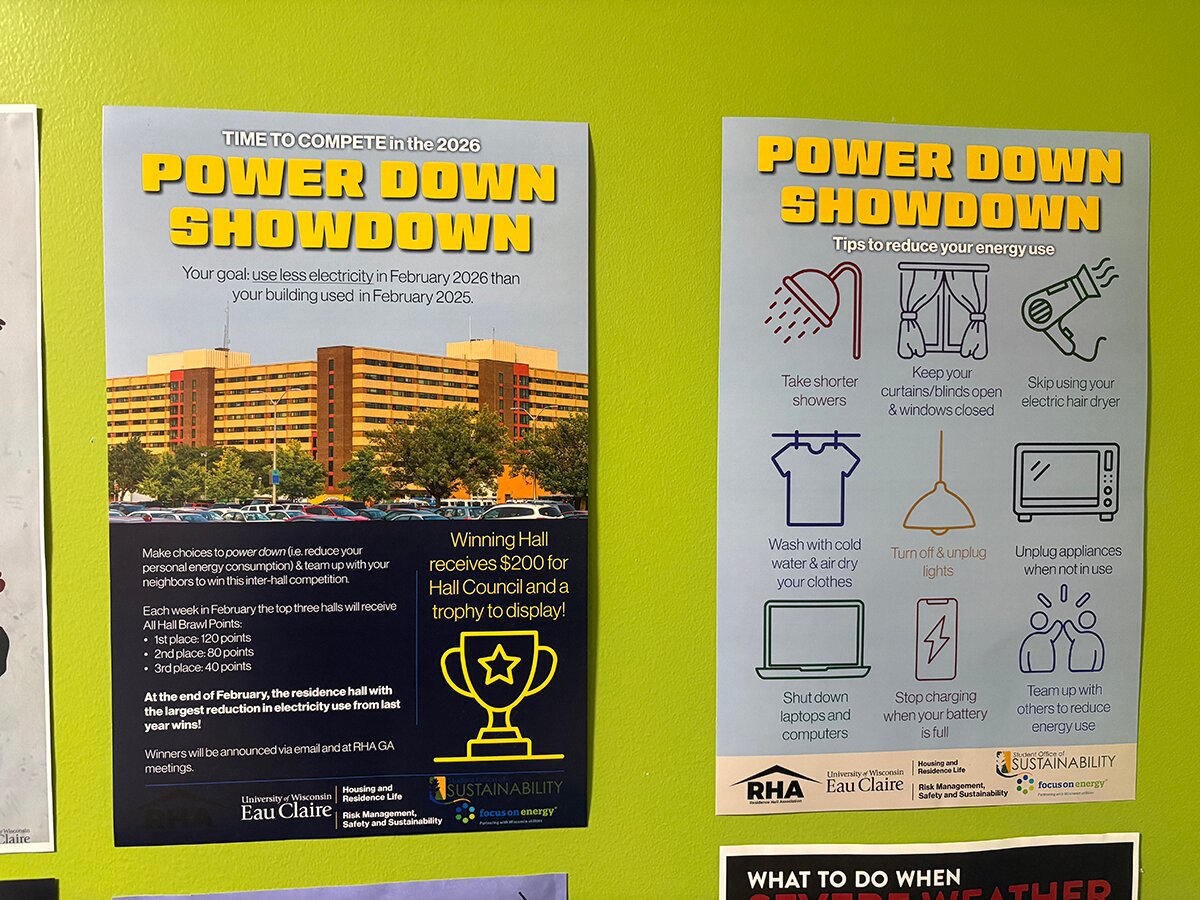 A set of posters in The Suites promotes the Power Down Shutdown and lists ways students can cut down on energy use.