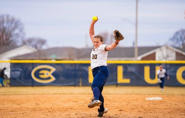 Claire Beck, No. 30 on the mound, pitches during a game. (Picture used with permission from Deshun Sturdivant, UWEC Sports Information)
